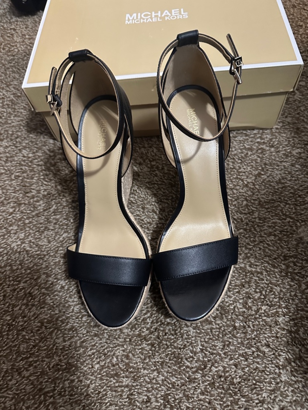 Michael Kors Black Leather Ankle-Strap Wedge Sandals